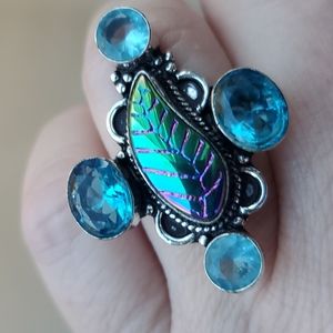 New Carved Rainbow Hematite & Blue Topaz 925 Silver Ring.